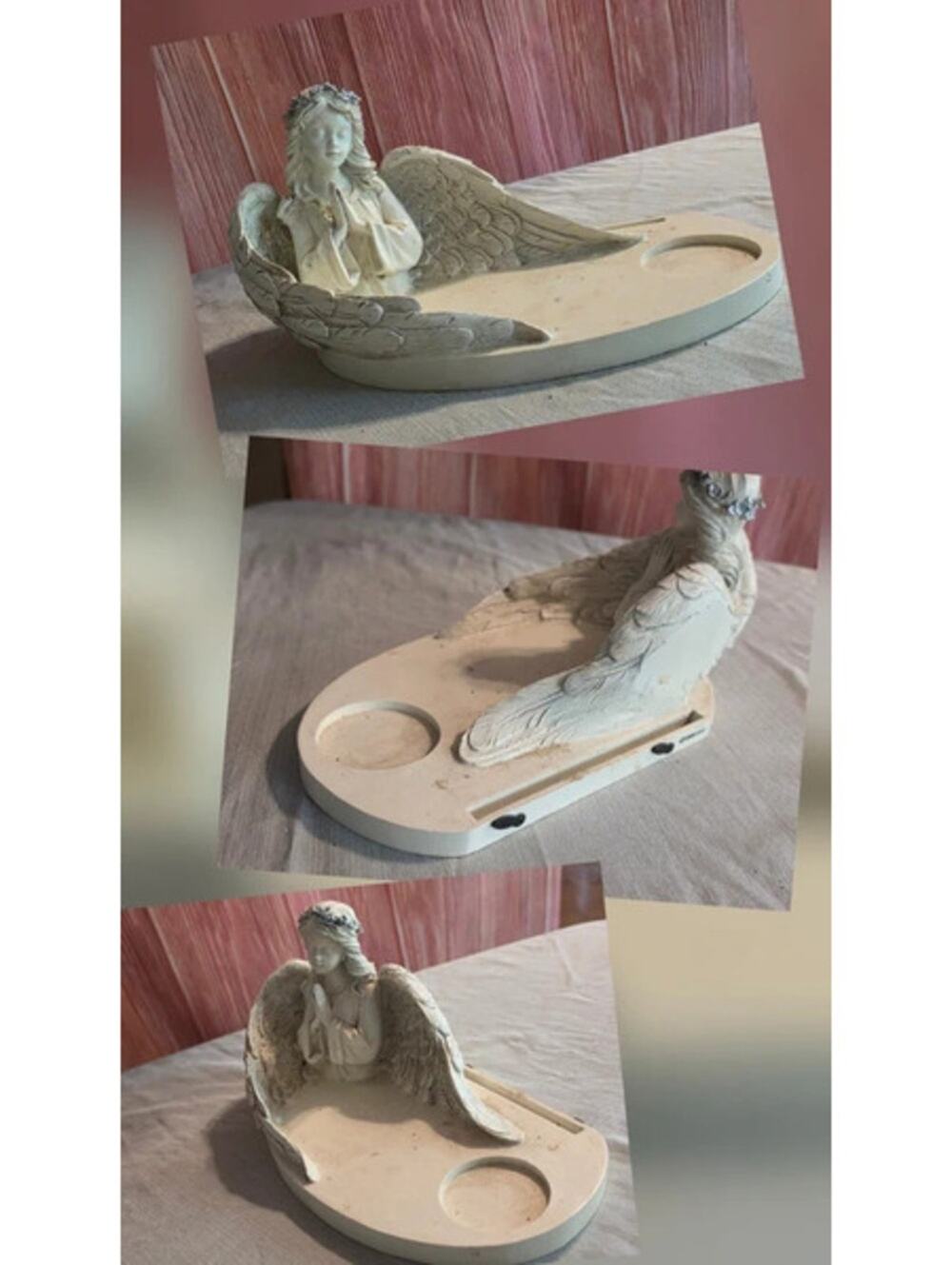Off-White Praying Angel Resin Display Stand w/ Candle Well & Photo Slot